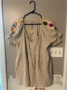 Boho Embroidered Sleeve Beige Women’s Dress